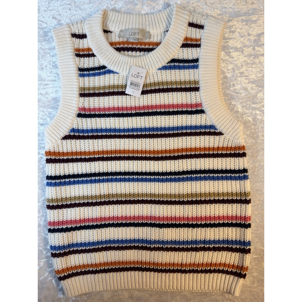 LOFT Sweater Vest Women's S Multicolor Striped Chunky Knit Preppy NWT